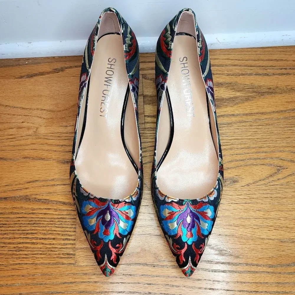 Floral Fabric Patterned Women's Block Heel Pumps Size 9 Multicolor